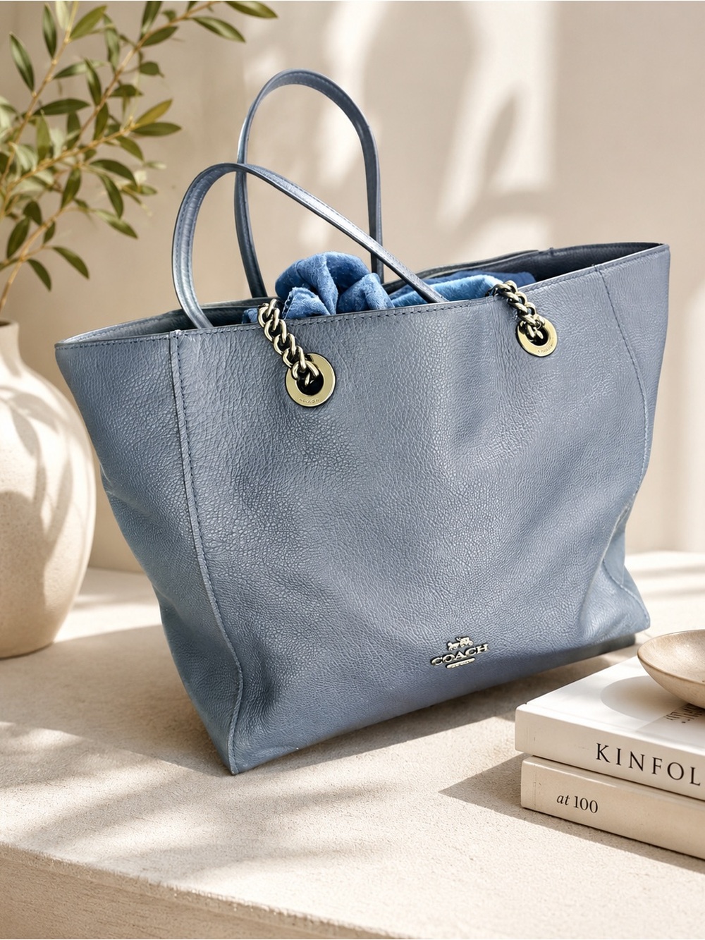 Coach Dusty Blue Leather Tote with silver Chain Accents